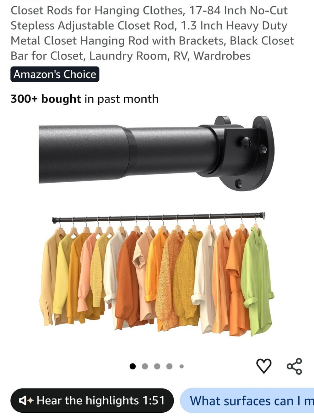 Black Heavy-Duty Adjustable Closet Rod for Hanging Clothes New